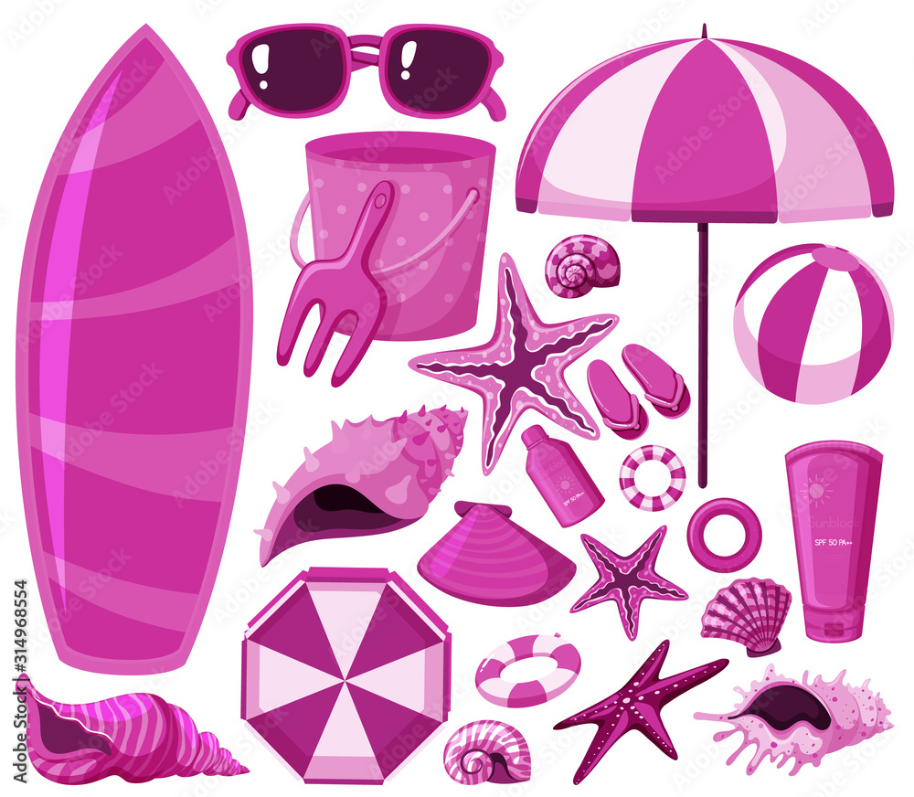 Isolated beach items set in pink color Isolated beach items set in pink color