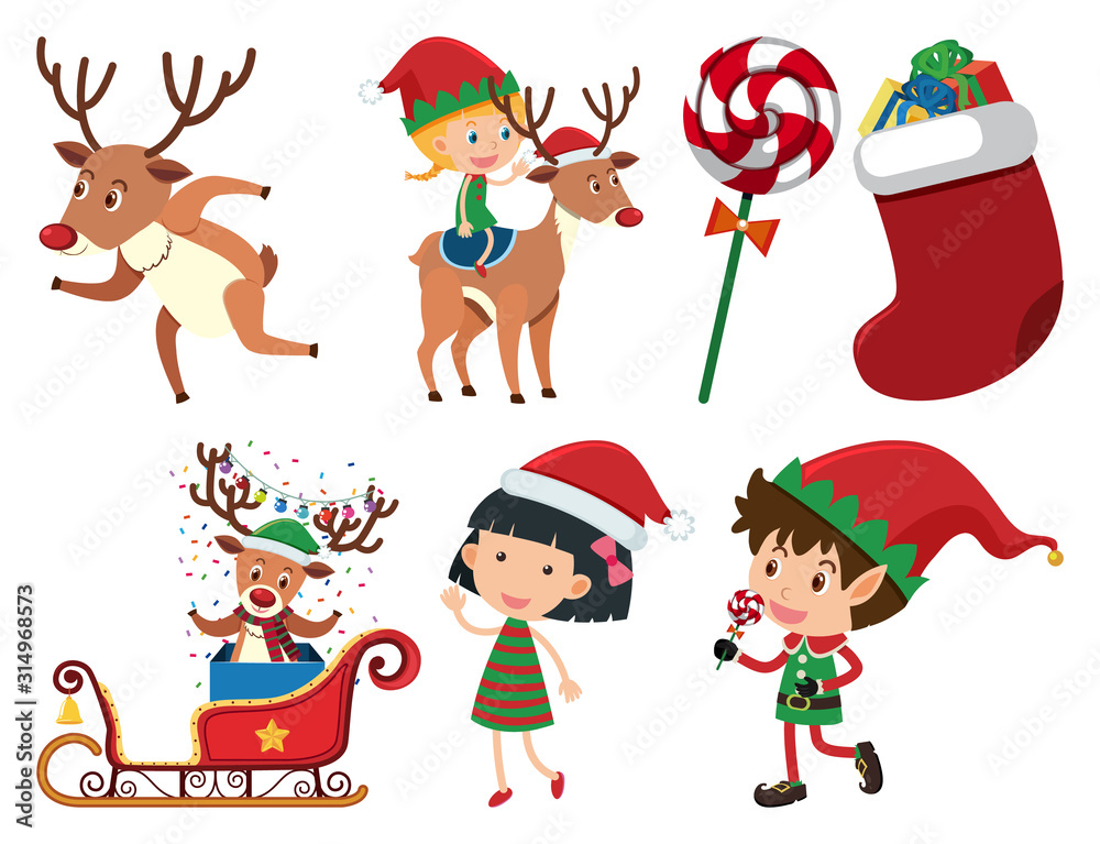 Christmas set with kids and reindeer Christmas set with kids and reindeer