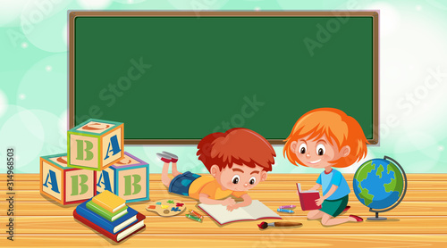 Border template with boy and girl reading book © brgfx