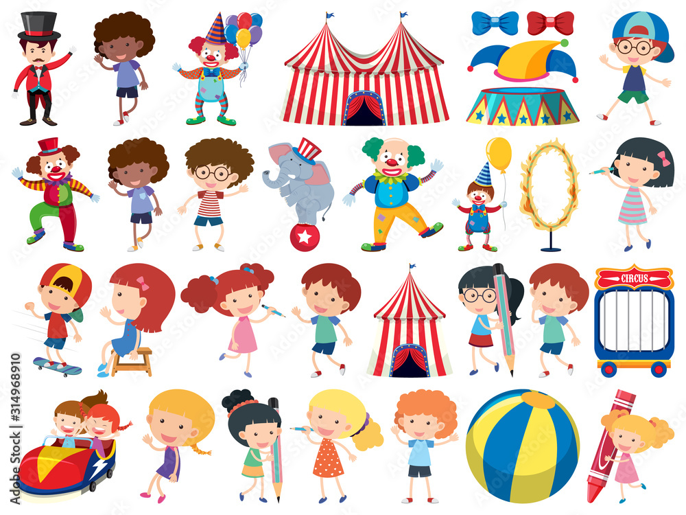 Large set of isolated objects of kids and circus Large set of isolated objects of kids and circus