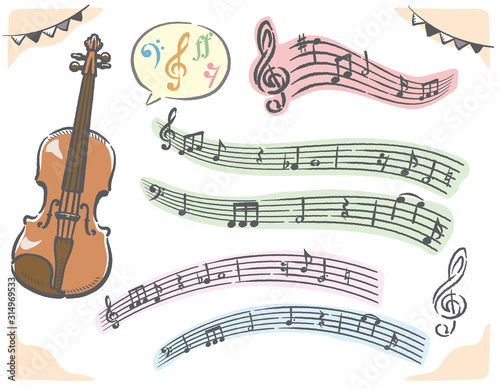 ヴァイオリンと音符、楽譜のイラスト素材