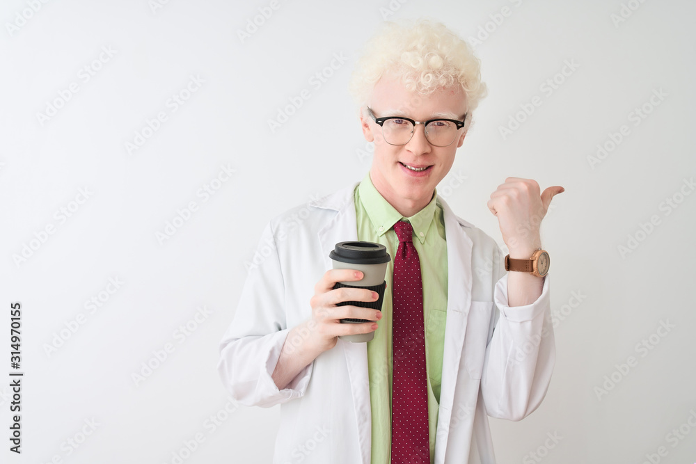Albino scientist man wearing glasses drinking take away coffee over isolated white background pointing and showing with thumb up to the side with happy face smiling Albino scientist man wearing glasses drinking take away coffee over isolated white background pointing and showing with thumb up to the side with happy face smiling