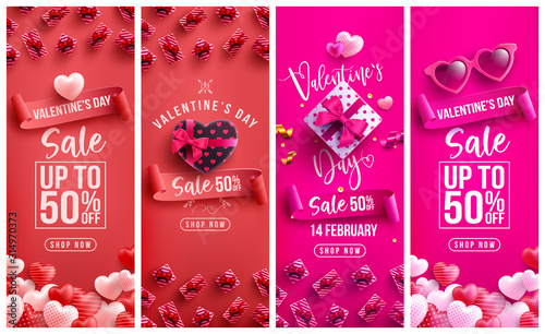Valentine's Day Sale 50% off Poster or banner with many sweet hearts and sweet gifts on red background.Promotion and shopping template or background for Love and Valentine's day concept