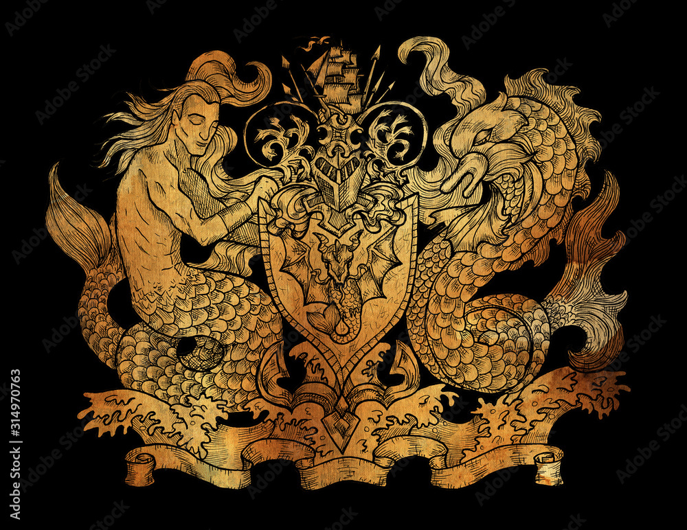 Heraldic drawing with fairy mermaid and dolphin on black background.