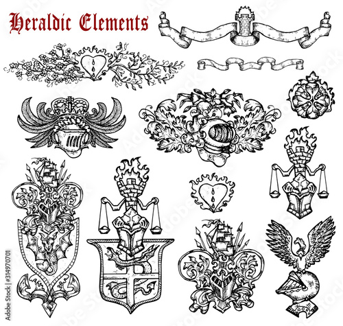 Design set with heraldic elements isolated on white.