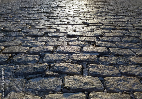 Photography Cobblestone street background texture with sunlight shining, New York City