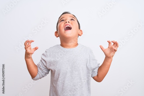 Beautiful kid boy wearing grey casual t-shirt standing over isolated white background crazy and mad shouting and yelling with aggressive expression and arms raised. Frustration concept.