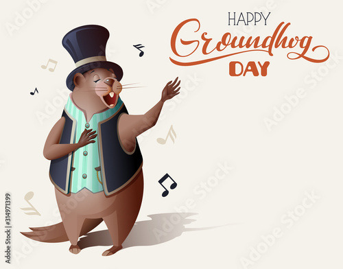 Happy Groundhog Day ornate lettering text greeting card. Groundhog wake up, sings song and casts off shadow