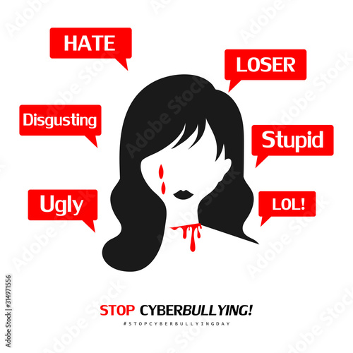 Problems cyber bullying concept. Sad or depressed young woman icon with messages receiving threats.  Vector illustration.