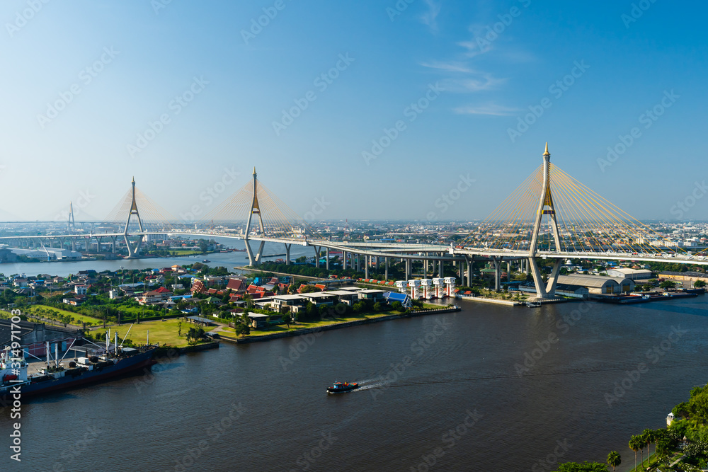 Fototapeta premium Bhumibol suspension bridge over Chao Phraya River in Bangkok city, Thailand
