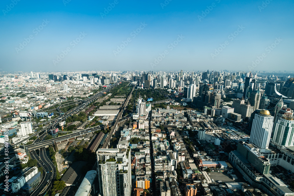 aerial view of Bangkok city downtown skyline and expressway road, view from Baiyoke Tower II in Bangkok, Thailand