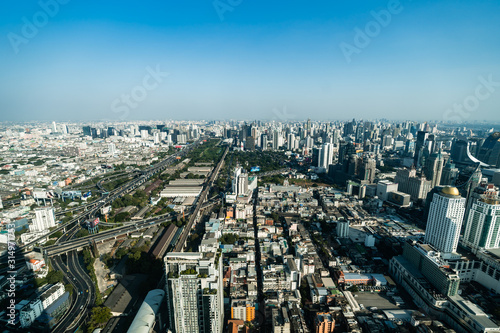 aerial view of Bangkok city downtown skyline and expressway road  view from Baiyoke Tower II in Bangkok  Thailand