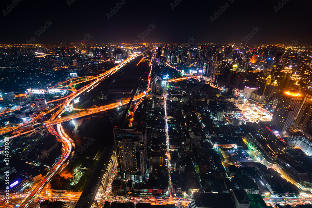 Bangkok city downtown and expressway road traffic at night of Thailand , Cityscape Bangkok city downtown and expressway road traffic at night of Thailand , Cityscape