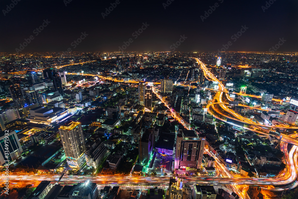 Bangkok city downtown and expressway road traffic at night of Thailand , Cityscape