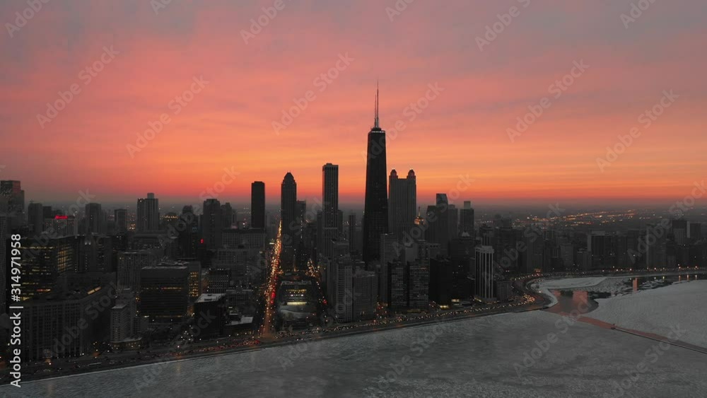 Chicago aerial drone at sunset winter