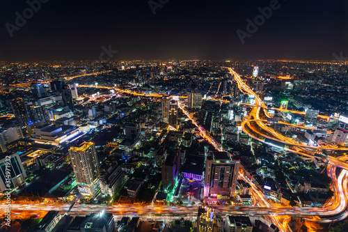 Bangkok city downtown and expressway road traffic at night of Thailand , Cityscape