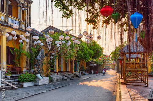 Tableau sur toile Gorgeous view of cozy street decorated with silk lanterns