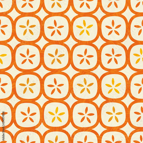 Abstract seamless pattern of rounded squares with random details. Mid century modern Scandinavian style. For fabrics, prints, wallpaper, home decor.