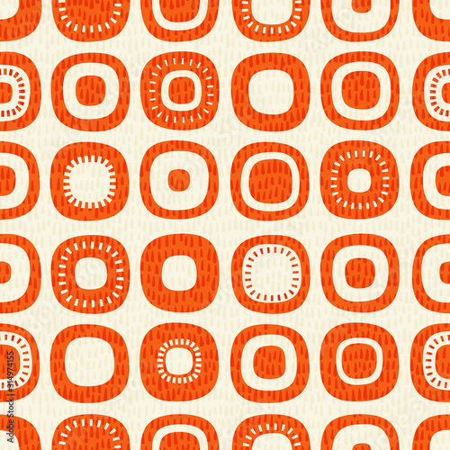 Abstract seamless pattern of rounded squares with random details. Mid century modern Scandinavian style. For fabrics, prints, wallpaper, home decor.