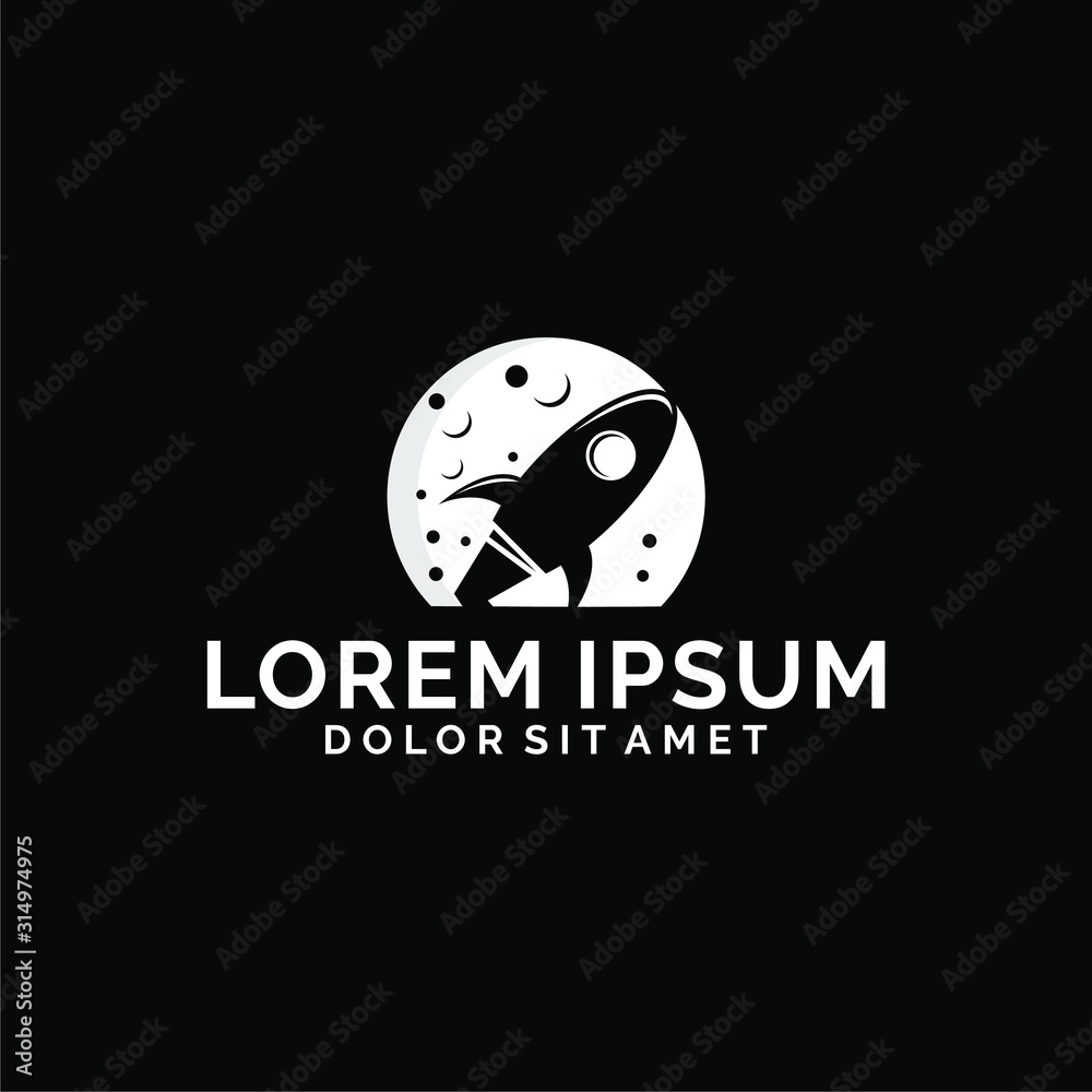 Rocket and moon logo template with night view of business in flat design monogram illustration Rocket and moon logo template with night view of business in flat design monogram illustration