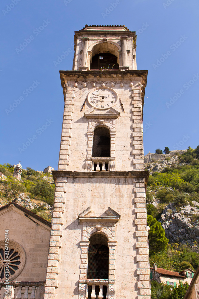 Old clock tower in the old town. Cator. Old town. Montenegro.