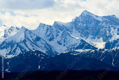 Snowy mountains in the southern region of the Republic of Kazakhstan. Aksu-Zhabagly Nature Reserve.