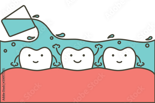 cleaning teeth by mouthwash, dental health care - tooth cartoon vector flat style
