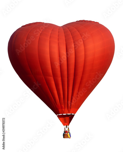Red hot air balloon in heart shape isolate on white. Symbol of love and valentines. Complete with clipping path for object.