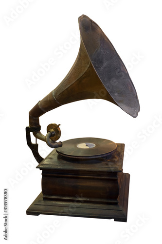 gramophone player and disc isolate on white with clipping path for object. vintage and retro technology.