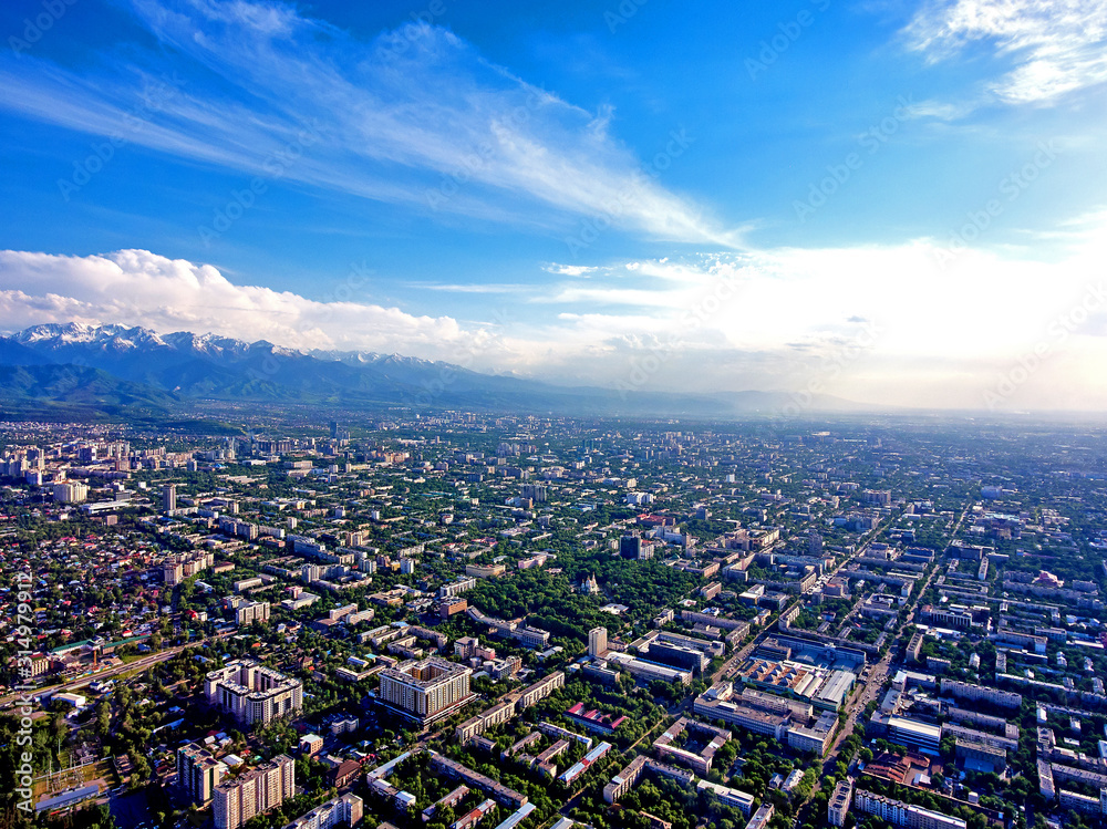 Almaty city in the summer. Aerial view of Almaty. Kazakhstan.