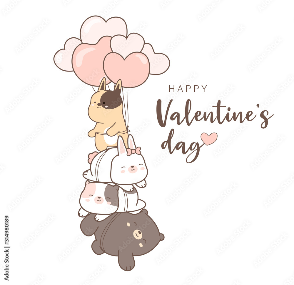 happy valentines day with cute animal cartoon hand drawn style