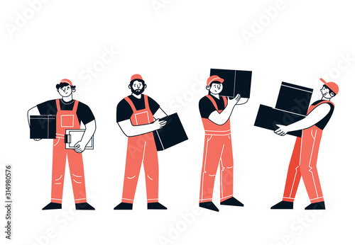 The characters are couriers. Men deliverers of goods, hold, carry boxes, cargo, postal packages. The profession of delivery.
