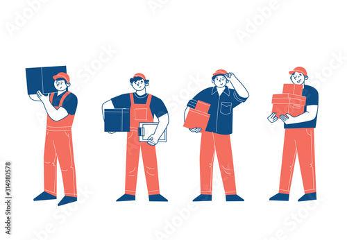The characters are couriers. Men deliverers of goods, hold, carry boxes, cargo, postal packages. The profession of delivery.