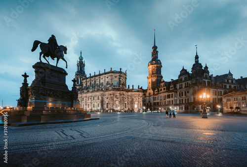 Dresden city center with dramatic sky at twilight, Saxony, Germany