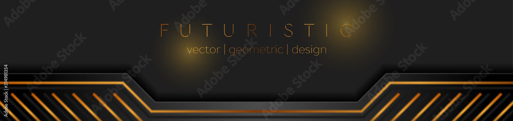 Black and golden abstract technical banner design. Futuristic geometric vector background - obrazy, fototapety, plakaty 