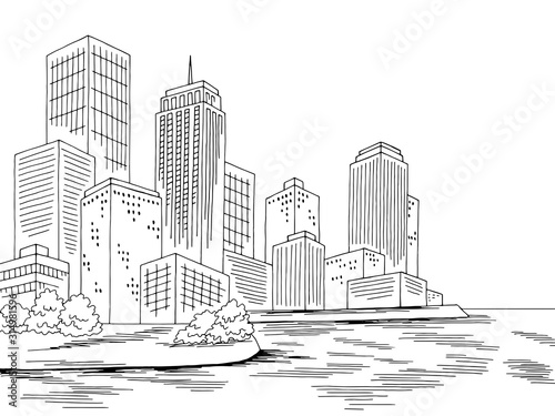 City sea shore graphic black white cityscape skyline sketch illustration vector