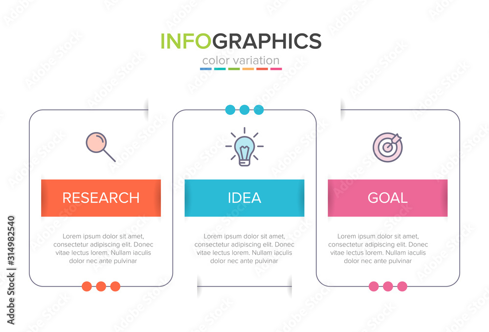 Fototapeta premium Concept of arrow business model with 3 successive steps. Three colorful graphic elements. Timeline design for brochure, presentation. Infographic design layout.