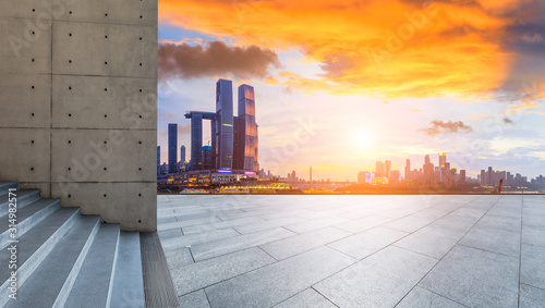 Empty square floor and city skyline with buildings in Chongqing at sunset,China.