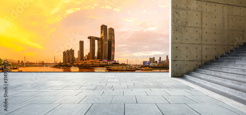 Empty square floor and city skyline with buildings in Chongqing at sunset,China.