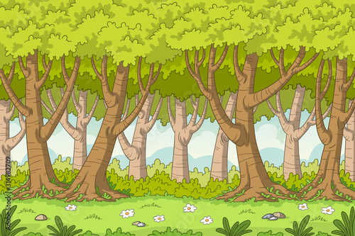 Cartoon forest background. Vector illustration with separate layers.