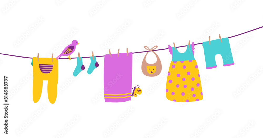 Baby clothes on clothesline hanging and drying. Clean and bright