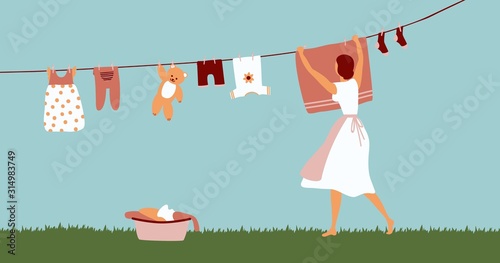Woman doing laundry outdoor. Girl hanging clothes on rope for drying after washing. Vector cartoon flat