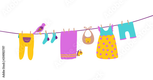 Baby clothes on clothesline hanging and drying. Clean and bright apparel. Cartoon vector illustration isolated