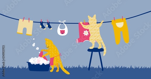 Two funny cats doing laundry as a housewife. Housework illustration for washing and hanging clothes for drying on clothesline. Chore routine.