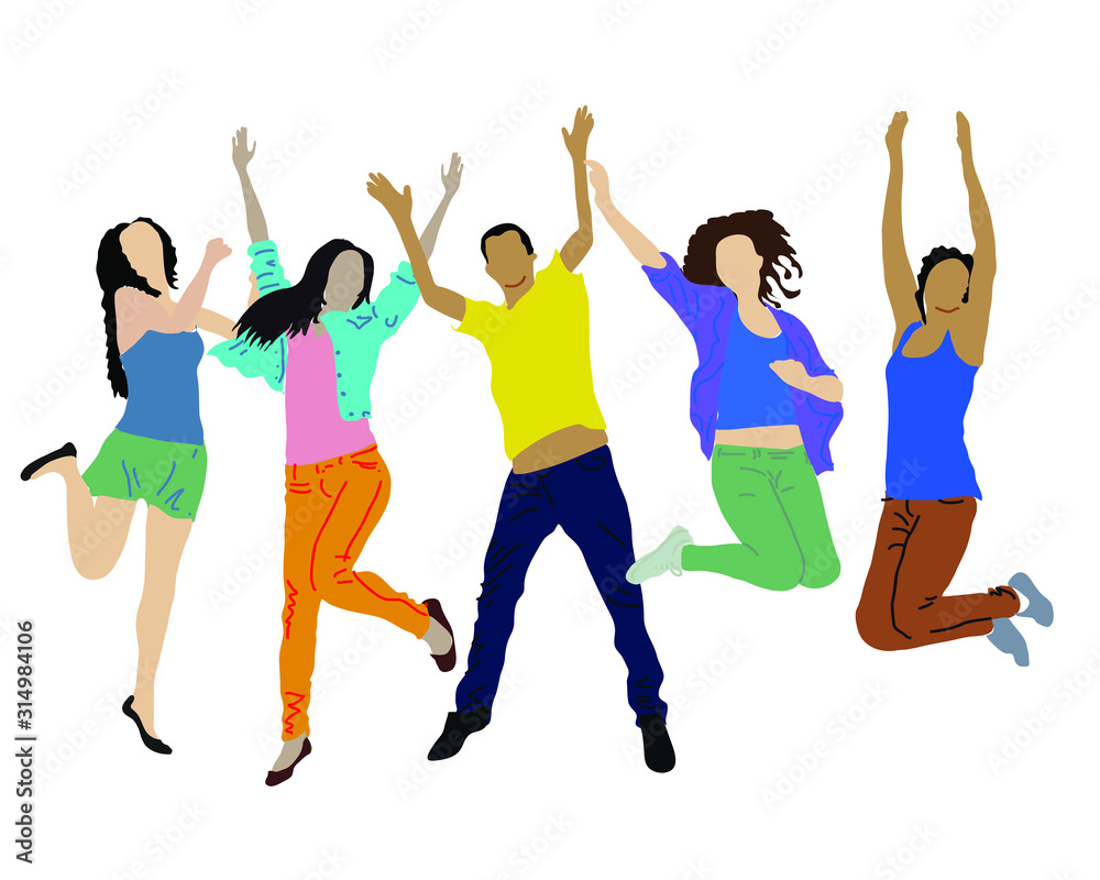 Obraz premium Vector drawing of joyful young people. For use in design or postcards.