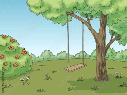 Tree swing graphic color forest glade landscape sketch illustration vector
