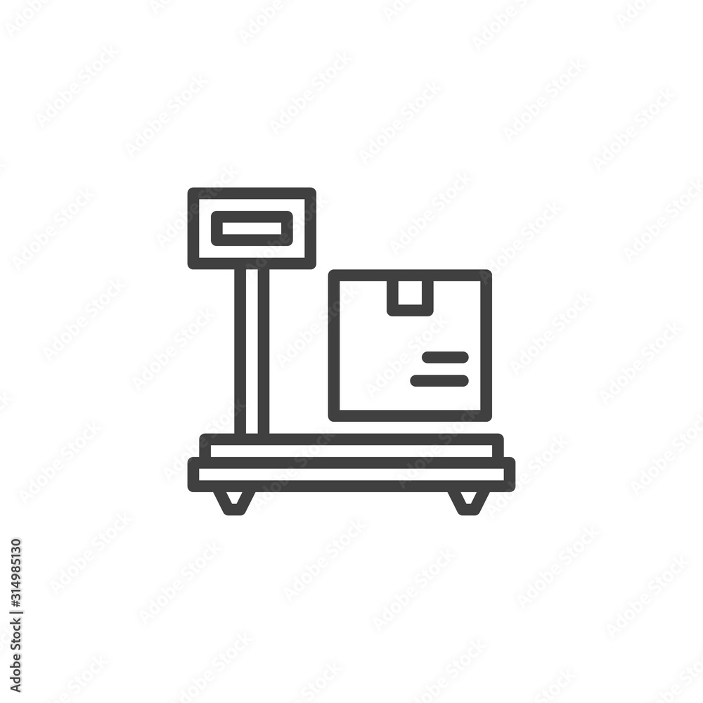 Logistic Shipping scales with box line icon. linear style sign for mobile concept and web design. Delivery weighing outline vector icon. Symbol, logo illustration. Vector graphics Logistic Shipping scales with box line icon. linear style sign for mobile concept and web design. Delivery weighing outline vector icon. Symbol, logo illustration. Vector graphics
