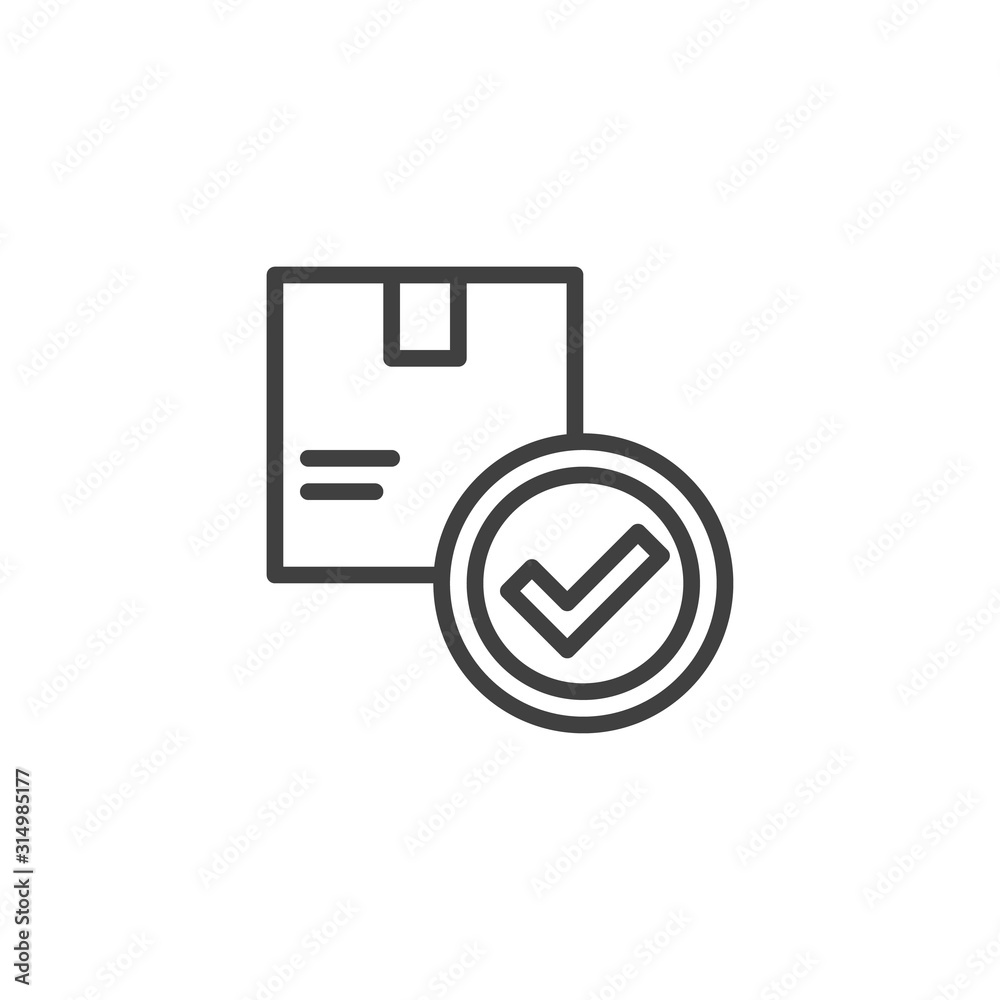 Approved delivery package line icon. linear style sign for mobile concept and web design. Parcel box with check mark outline vector icon. Symbol, logo illustration. Vector graphics Approved delivery package line icon. linear style sign for mobile concept and web design. Parcel box with check mark outline vector icon. Symbol, logo illustration. Vector graphics