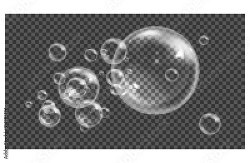 White water bubbles with reflection set on transparent background vector illustration