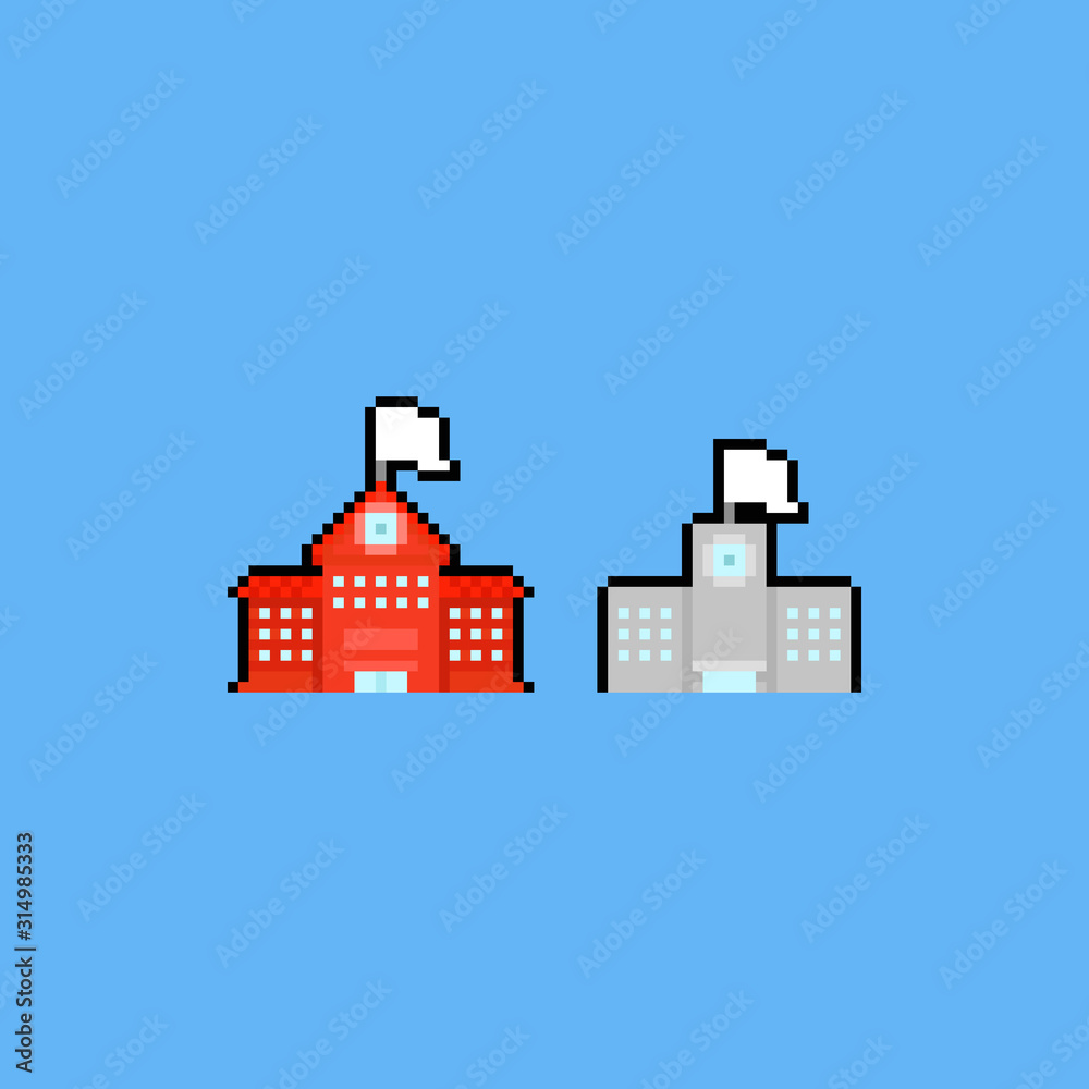 Pixel art school building icon set.